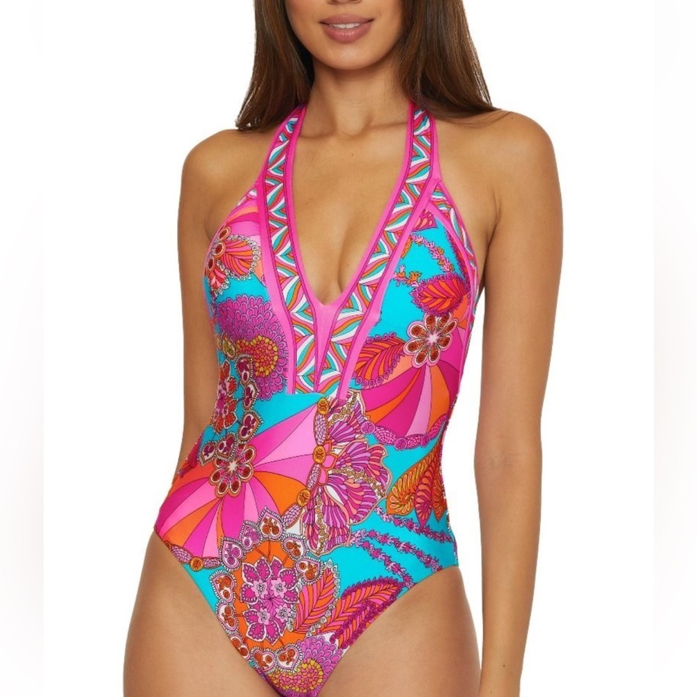 Trina Turk Pink & Turquoise Floral Halter One-Piece Swimsuit - Picture 2 of 11